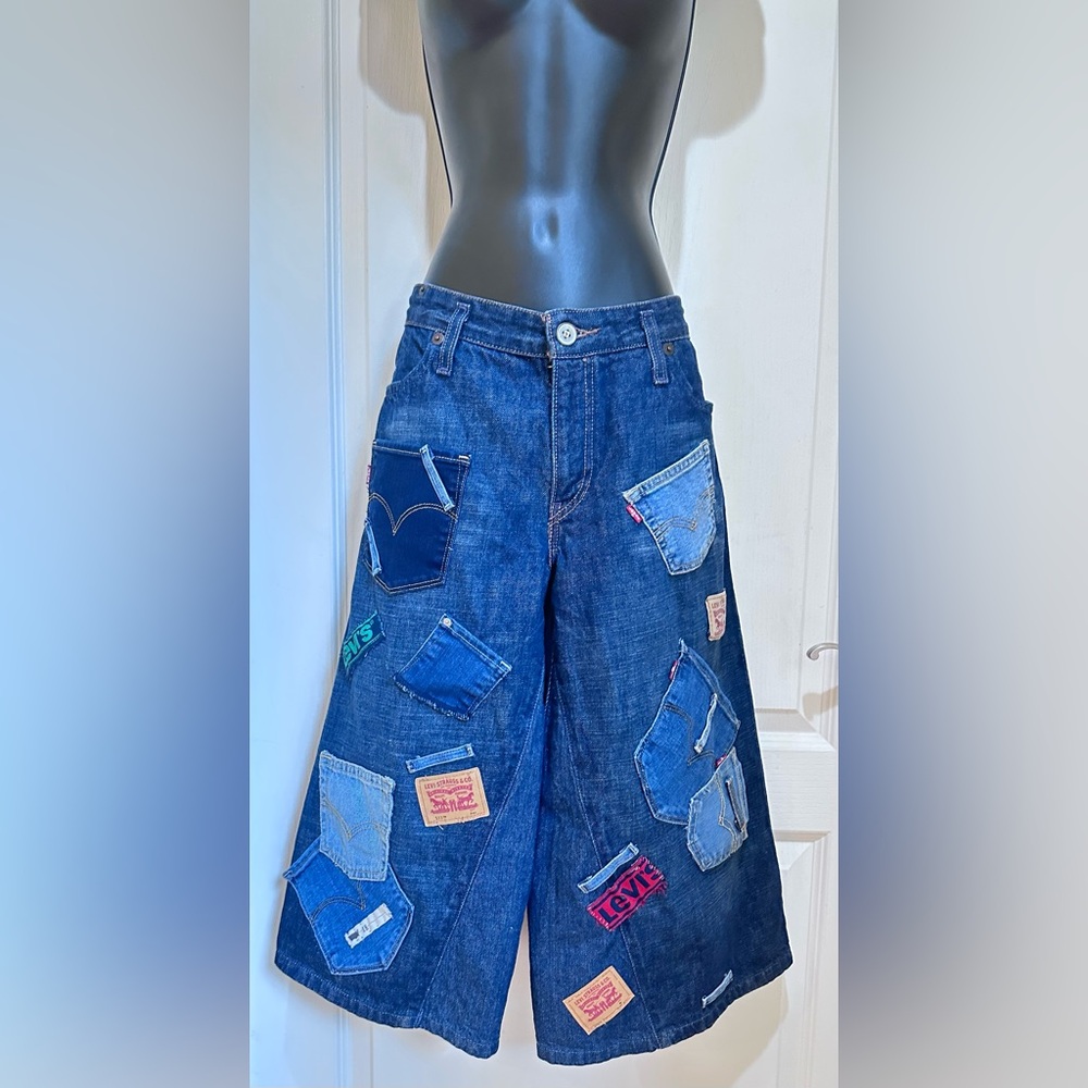 LEVIS Upcycled Wide-Leg Patchwork Cropped culotte Jeans size 10- Dark Blue - Picture 7 of 8